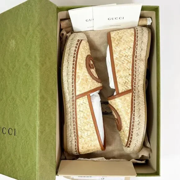 Gucci Interlocking G Raffia Leather Espadrille - Women’s 8.5